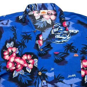 Sundeck Button Front Shirt Mens XL Blue Floral Hawaiian Casual Vacation‎